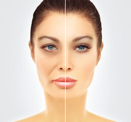 Aging. Mature woman-young woman.Face with skin problem.