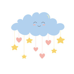 Cute smiling cloud with stars and hearts. Cartoon character in flat style. Isolated vector illustration