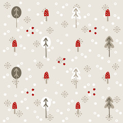 christmas pattern with holiday details (snowflake, gifts, balls, candy). Childish hand-drawn scandinavian style. Vector illustration