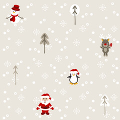 christmas pattern with holiday details (snowflake, gifts, balls, candy, snowman). Childish hand-drawn scandinavian style. Vector illustration