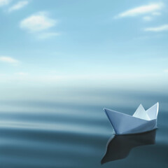 White paper boat floating on calm sea. Space for text