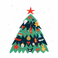 Vector illustration with colorful Christmas tree on white snowy background.