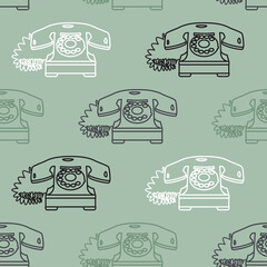 Seamless pattern with vintage telephones on green background. Design for fabric and paper, surface textures.