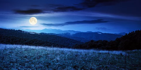 summer landscape of carpathian mountains at night. beautiful scenery in full moon light. beech forest and grassy alpine meadows on the hills. clouds on the dramatic sky