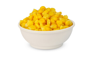canned corn in a white bowl isolated on a white