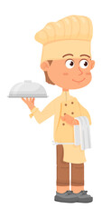 Boy serving food. Chef holding towel and plate with lid