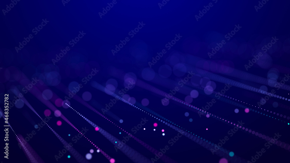 Poster digital background with movement of glowing particles. complex technologies of big data. 3d renderin