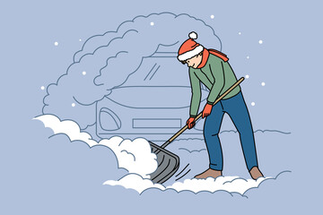 Man with shovel clean snow outdoor dig out car on winter morning. Male in outerwear shoveling near automobile in snowdrift or pile. Blizzard and storm effect. Flat vector illustration.