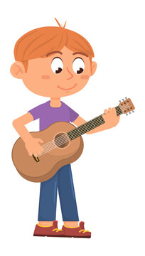 Kid playing guitar. Young musician practice. Cartoon boy