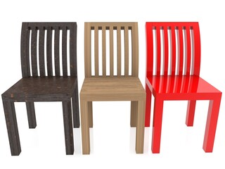 Three chairs of different materials in one row
