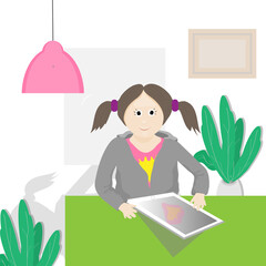 Schoolgirl with a tablet in her hands sitting at the table, lessons online. A child with a gadget. Vector graphics