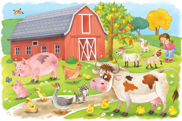 Set of cute and funny farm animals. Illustration for children. Clipart. Poster. Coloring page. Cute and funny cartoon characters