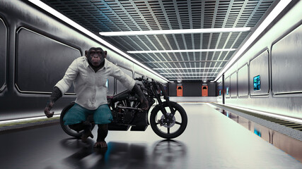 3d Illustration of a chimpanzee walking away from a motorcycle in a futuristic corridor.