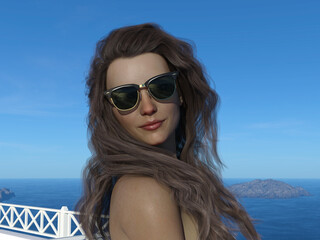 3d illustration of a woman with her head turned toward a camera wearing sunglasses.