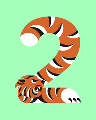 Digit 2 with stilizated tiger for create 2022 greeting card