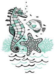 Vector isolated illustration of sea horse, starfish, fishes, corals and waves. Underwater concept. Black and blue.