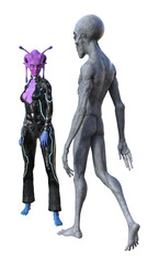 3d illustration of a pink skinned female alien looking forward with a grey alien walking toward her on a white background.