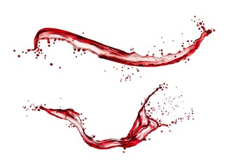 Red wine or juice isolated liquid splash and wave. Realistic vector cranberry, grape and cherry berries juice swirl with splatters. Pomegranate, raspberry and strawberry drink or syrup spill splash