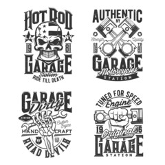 Obraz premium Car and motorcycle repair garage station t-shirt prints. Hot road auto, custom bikes repair shop and tuning atelier apparel vector prints with human skull, engine pistons and wrench in skeleton hand
