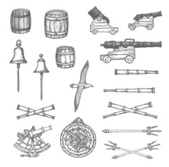 Cannon, barrel and spyglass, bell, trident and astrolabe, sextant sketch. Medieval sailing equipment, fleet navigation instruments and weapons, mortar, albatross bird hand drawn vector icon collection - obrazy, fototapety, plakaty