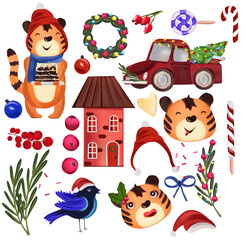 Naklejka premium Christmas collection with cute tigers, Chocolate cake, wreath, Christmas tree, cookies, candy, houses, Bird, tree branches. Tigers the symbol of the year 2022. Concept Christmas and New Year. Vector.