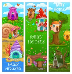 Cartoon fairy houses and dwellings, vector banners with dwarfs and gnome huts. Kids fairy tale dwarfs or elf homes in tree stump, mushroom and flower, witch house on swamp and in seashell