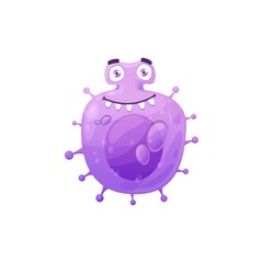 Cartoon virus cell vector icon, cute purple bacteria, happy laughing germ character with funny face and pimples. Smiling pathogen microbe with kind eyes and big teeth, micro organism isolated symbol