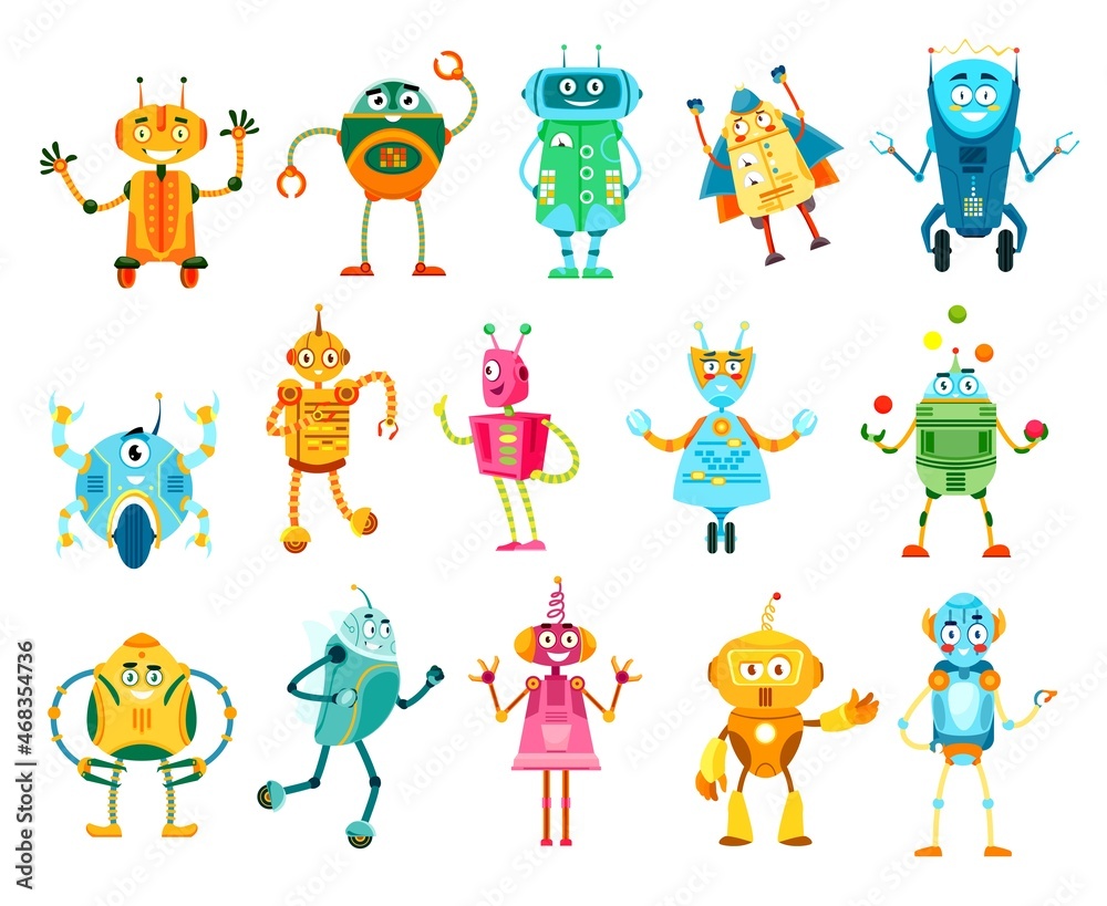 Leinwandbilder cartoon robots and droids characters, vector cyborgs with friendly faces. artificial intelligence an
