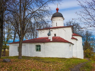 The ancient Orthodox church in Kremlin of the city of Pskov on the Velikaya River.