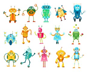 Cartoon robots and droids characters, vector cyborgs with friendly faces. Artificial intelligence androids and humanoids with arms and wheels, smart ai bots technology, isolated comic personages set