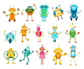 Fotobehang Robot Cartoon robots en droids karakters, vector cyborgs met vriendelijke gezichten. Artificiële intelligentie androïden en humanoïden met armen en wielen, slimme ai bots-technologie, geïsoleerde komische personages set
