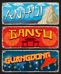 Anhui, Gansu and Guangdong Chinese provinces plates and travel stickers. China territory tin signs, grunge plates with Huangshan Yellow mountains, province map and metropolis skyscrapers, temple gate