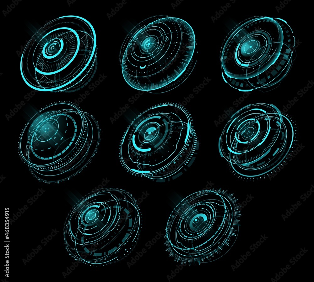 Leinwandbilder HUD futuristic circular panels with infographics visual data. Sci fi computer interface round panels, vector neon color web ui interface design elements or virtual reality game, radars round holograms