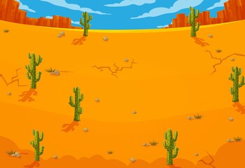 Cartoon mexican desert landscape game background with cactuses, mountains or canyon cliffs, clouds on sky, cracks in dried soil and rocks. Western game environment, Mexico or Texas nature backdrop