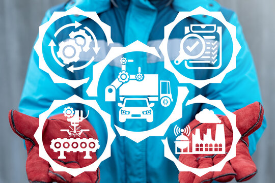 Concept of car production. Vehicle manufacturing. SKD industrial automated technology.