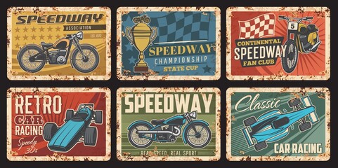 Race car, motorcycle and kart with finish flag vintage banners of vector racing sport, rally and motorsport. Auto racing retro vehicles, automobiles and bikes and championship trophy cups retro signs © Vector Tradition