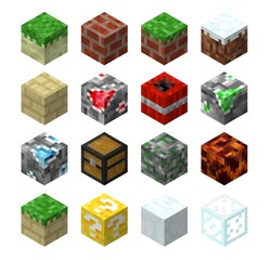 Pixel game blocks of grass, stone and lucky, granite, chest and brick, marble, magma and dynamite, quartz, glass. Game environment design elements, vector textures or items made of square pixels