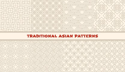 Asian ornaments seamless patterns. Korean, chinese and japanese abstract line background. Oriental decorative, floral and geometric vector backdrops, patterns for textile print, tile and covers design