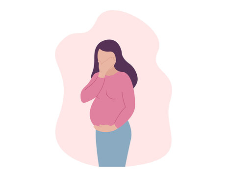 Pregnancy toxicosis. Pregnant woman suffering from nausea and vomiting. Morning sickness. Vector concept illustration