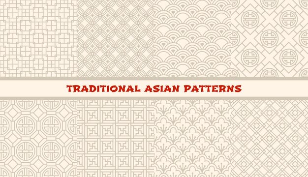 Asian ornaments seamless patterns. Korean, chinese and japanese abstract line background. Oriental decorative, floral and geometric vector backdrops, patterns for textile print, tile and covers design