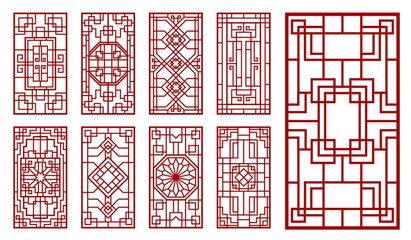 Asian window and door ornaments. Korean, chinese and japanese patterns. Oriental vintage vector wall or interior decorations with endless knot lattice or grid, floral and line rectangular ornaments