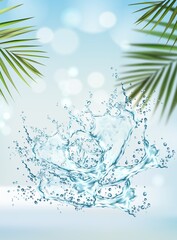 Fototapeta na wymiar Water wave splash and palm leaves realistic background. Blue aqua droplets and bubbles on vector sunlight bokeh and beach palm branch backdrop. Summer vacation in tropics, travel paradise
