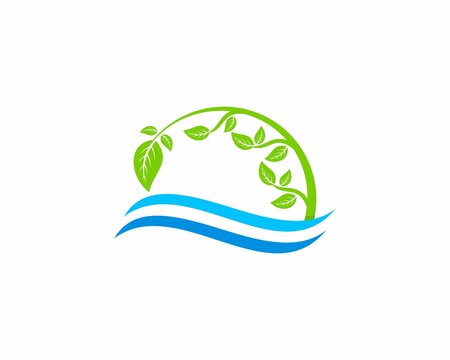 Twigs and leaf on the blue waves logo