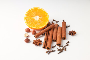 Ingredients for cooking mulled wine on white background