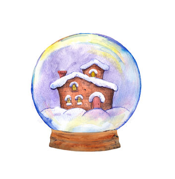 Winter house in Christmas snowglobe. Watercolor ball, snow, globe with xmas landscape