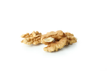 Peeled walnuts isolated on white background, close up