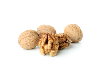 Walnuts isolated on white background, close up