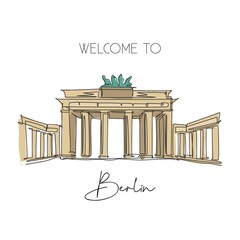 One continuous line drawing Brandenburg Gate landmark. World iconic place in Berlin, Germany. Holiday vacation wall decor art poster print concept. Modern single line draw design vector illustration © Simple Line