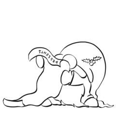 Cute gnome in woolen hat reading wish list. Gifts and presents. Christmas and New Year contoured  illustration for banner and design. Collection of gnomes in cartoon style. Colouring book