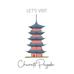 Single continuous line drawing Chureito Pagoda landmark. Beautiful famous place in Fujiyoshida, Japan. World travel tour wall decor poster art concept. Modern one line draw design vector illustration